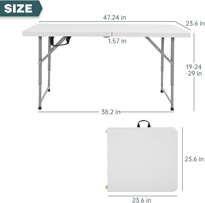 FDW 4 Foot Outdoor Dining Table, Foldable Portable Rectangular Plastic Folding Table with Built in Carrying Handle and Height Adjustable for Party and Wedding Use, White