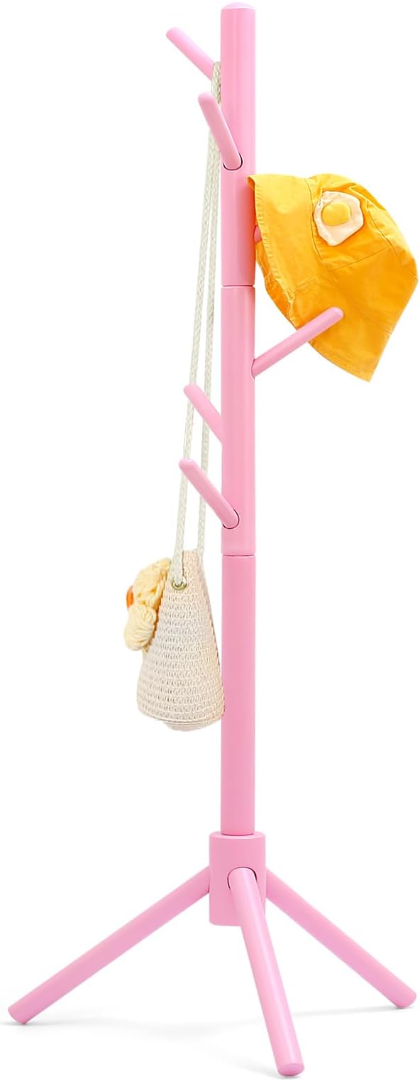 Beech Wood Kids Coat Rack - Adjustable Height Stand with 9 Hooks, Freestanding Children's Clothing Organizer for Hallway, Bedroom, Easy Assembly (Pink)