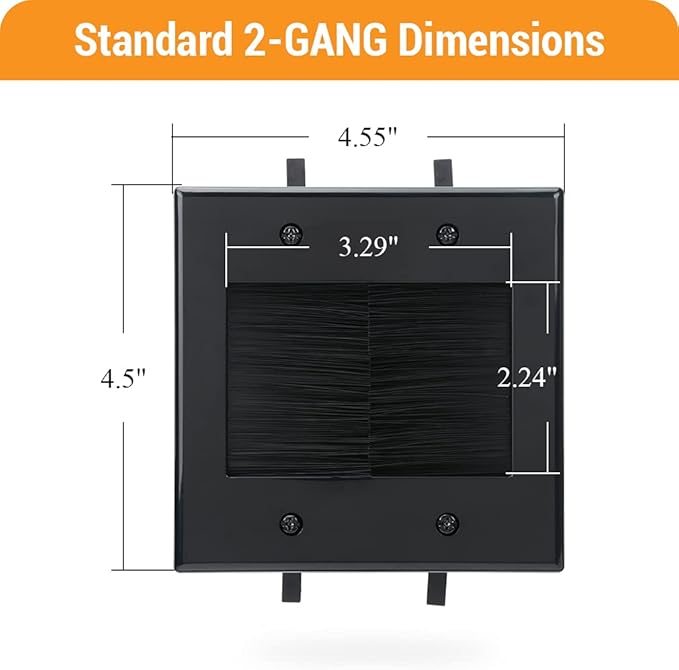 2 Gang Wall Plate, Black Brush Wall Plate with Built-in Low Voltage Mounting Bracket for Cables Pass Through in-Wall (Pack of 2)