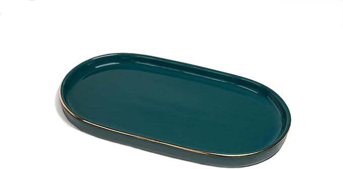 Ceramic Jewelry Dish, Perfume Vanity Tray, 7x4 Decorative Catch All Bowl for Trinket Key Ring, Small Bathroom Counter Tray, Soap Tray for Kitchen Sink (Green)