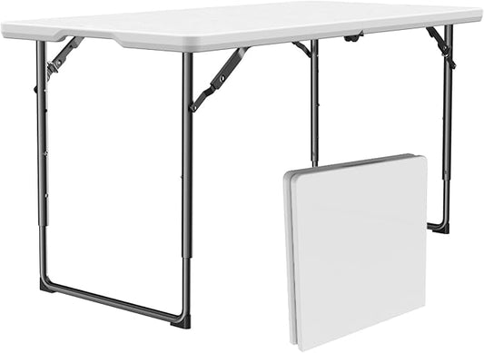4ft Folding Table with Adjustable Height, Heavy Duty Fold-in-Half Plastic Table with Steel Legs and Handle, Portable for Indoor, Outdoor, Picnic, Camping, Dining, Party, White