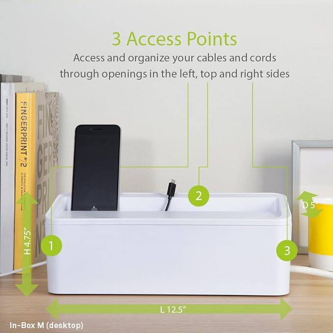 in-Box Cable Box Set with Extra Large Surge Protector Concealer Cable Management for Under Desk and Mobile Charging Station Power Strip Organizer for Desktop, White