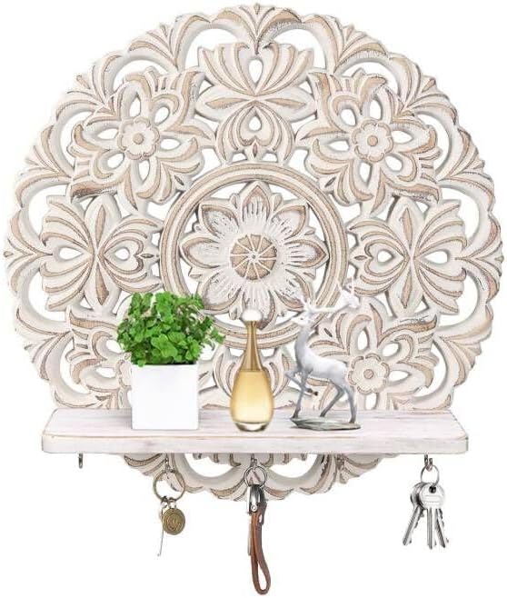 11.6-inch Round Mandala Key Holder for Wall - White Vintage Floral Key Holder with Hooks & Shelf - Farmhouse Decorative Entryway Organizer for Keys, Masks & Mail - Rustic Boho Wall Decor