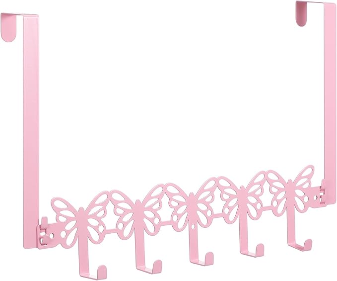 AceOrbit Pink Butterfly Over The Door Hooks Wall Mount Towel Hanger Cute Door Holder Rack with 5 Hooks Hanging Towel, Coat Keys, Bags, Hats, Clothes for Bedroom Bathroom Kitchen Dorm Room Organizer