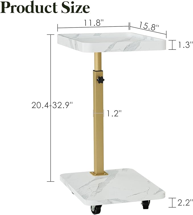 TV Tray Table, Adjustable Dinner Trays for Eating Table,360° Swivel& Sofa Armrest End Side Couch Snack Table for Sofa, Bedroom, Living Room, C Shaped End Table that Slide Under(White+Gold)