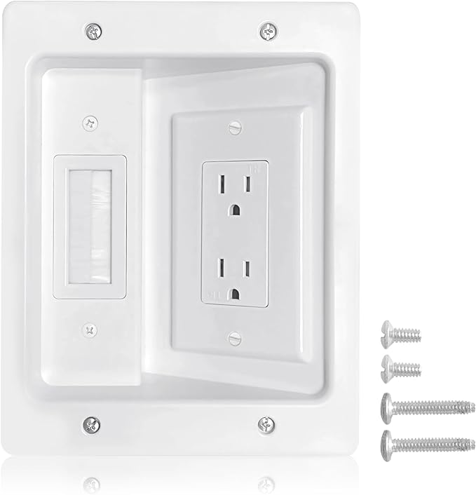 Recessed Outlet Box in Wall Cable Management Kit, Hide Cables Behind The Wall, Cable Pass Through Wall Plate Insert for TV HDMI Network Ethernet Home Theater Speaker Systems (White 6.2 * 7.9 inch)