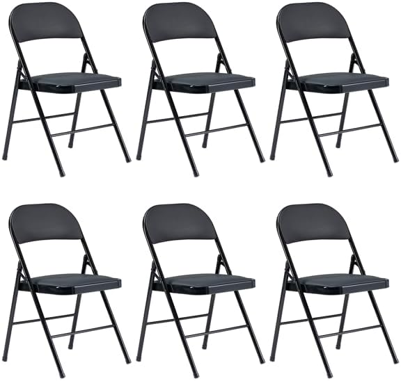 Simple Deluxe 6 Pack Folding Chairs with Leather Padded Cushion Seats & Durable Metal Frame, Comfortable, Foldable, Portable, Commercial Event Seat, Indoor Outdoor for Parties, Home, Office, Black