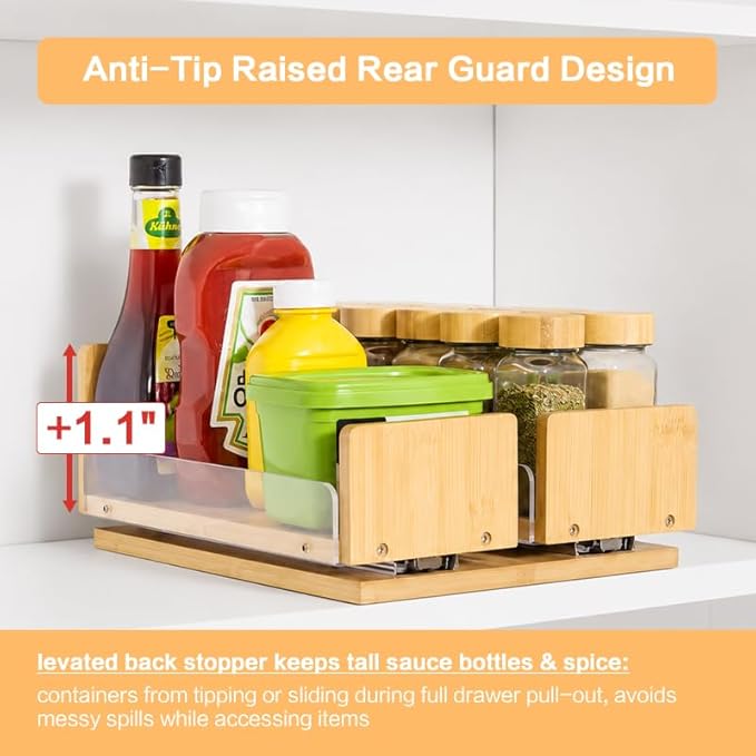 Bamboo Pull Out Spice Rack Organizer for Cabinet, 9"W x 10.6"D x 4.8"H Low Profile Pantry Vertical Organization with 2 Slide Out Drawers(4.3"w), Kitchen Storage for Spice Jars & Pantry Essentials