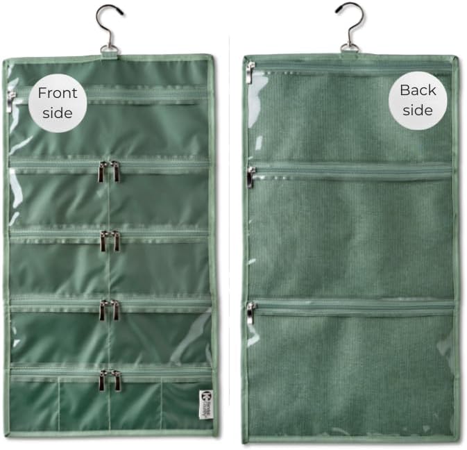 On-The-Go Organizer, 14 Clear Vinyl Pockets, Hanging Travel Case for Makeup and Accessories, 13.5 x 24 inches (Moss, Large)