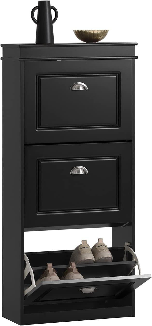 Haotian FSR94-SCH, Black Shoe Cabinet with 3 Flip Drawers, Freestanding Shoe Rack, Shoe Storage Rack(9.4" D x 20.9" W x 46.1" H)