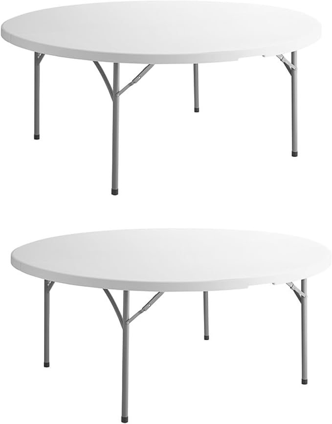 PRO&Family Commercial Round Folding Table, White Top, Powder-Coated Steel Frame, High-Impact Polyethylene Construction, Perfect for Wedding, Party, Shool, Church. (2, 72" Bi-Fold)