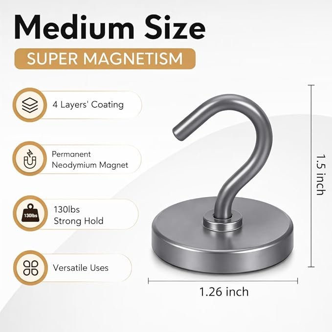 Neosmuk Magnetic Hooks, Heavy Duty 130lb+ Strong Magnet Hook for Cruise Cabins, Cruise Essentials 2026 for Hanging, Metal Wall Refrigerator Hangers (Grey, 10 Pack)