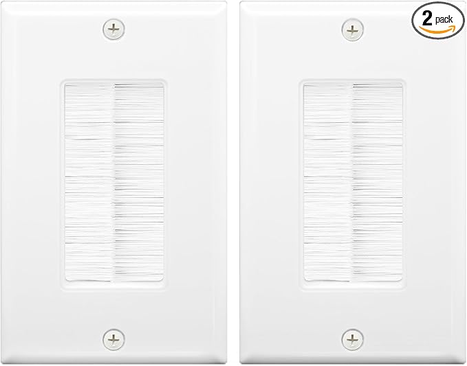 VCE Brush Wall Plate Cable Pass Through, Single Gang Decorator Wall Cover for Low Voltage Cables, In-Wall Cable Management for Wall Mount TV (White), 2-Pack