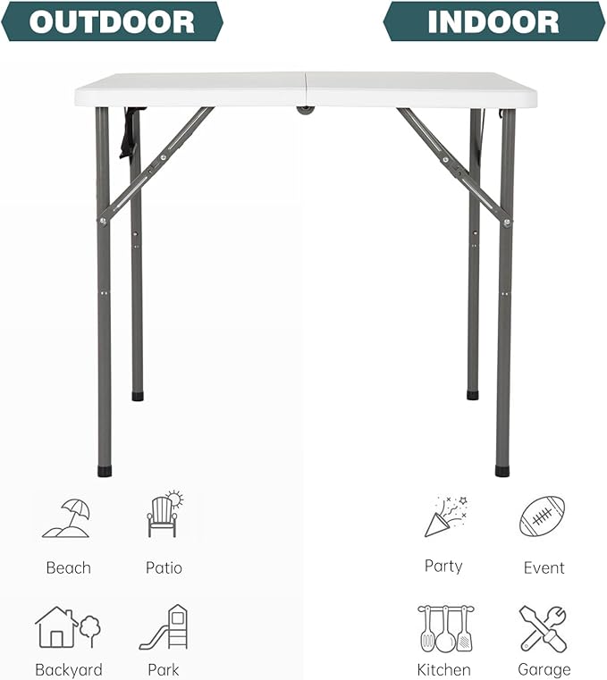 FDW 34" Square Outdoor Dining Table, Foldable Portable Plastic Folding Card Table with Built in Carrying Handle and Height Adjustable for Party and Wedding Use, White