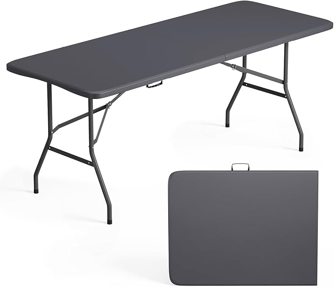 FDW 6 FT Folding Table, Portable Plastic Table with Carrying Handle Perfect for Indoor, Outdoor, Party, Dining, Wedding, Events, Camping, Grey