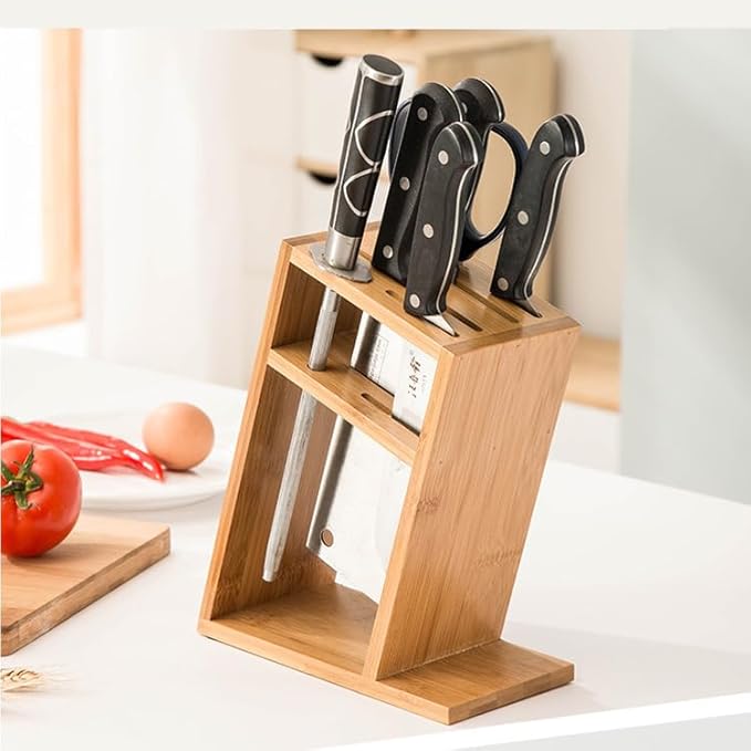 Wood Knife Block, 6 Slots Slant Open Knife Block Kitchen Knife Holder Ventilated Knife Stand Countertop Slant Knife Organizer for Knife, Scissor, Sharpening Rod