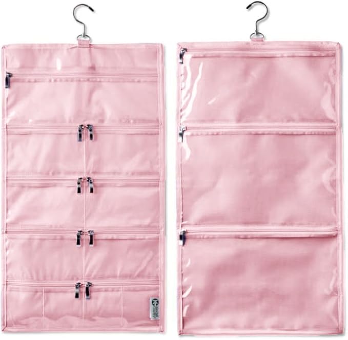 On-The-Go Organizer, 14 Clear Vinyl Pockets, Hanging Travel Case for Makeup and Accessories, 13.5 x 24 inches (Cotton Candy, Large)