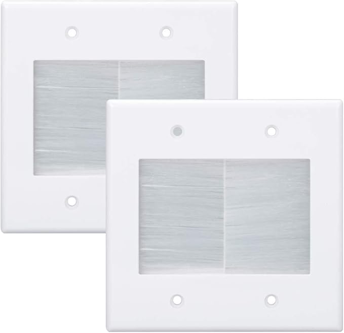 2 Gang Brush Wall Plate White 2 Pack, Double Gang Cable Management Kit for TV Coaxial, HDMI, Ethernet Cables, Speaker Wires and Power Cords Pass Through.