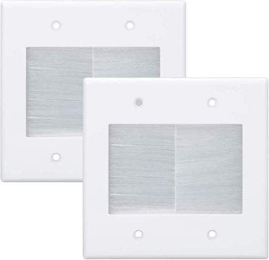 2 Gang Brush Wall Plate White 2 Pack, Double Gang Cable Management Kit for TV Coaxial, HDMI, Ethernet Cables, Speaker Wires and Power Cords Pass Through.