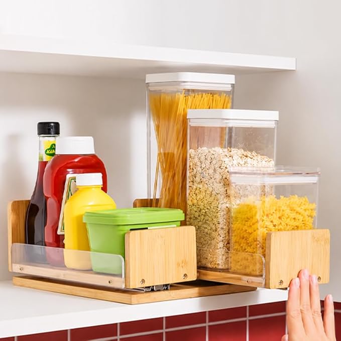 Bamboo Pull Out Spice Rack Organizer for Cabinet, 9"W x 10.6"D x 4.8"H Low Profile Pantry Vertical Organization with 2 Slide Out Drawers(4.3"w), Kitchen Storage for Spice Jars & Pantry Essentials