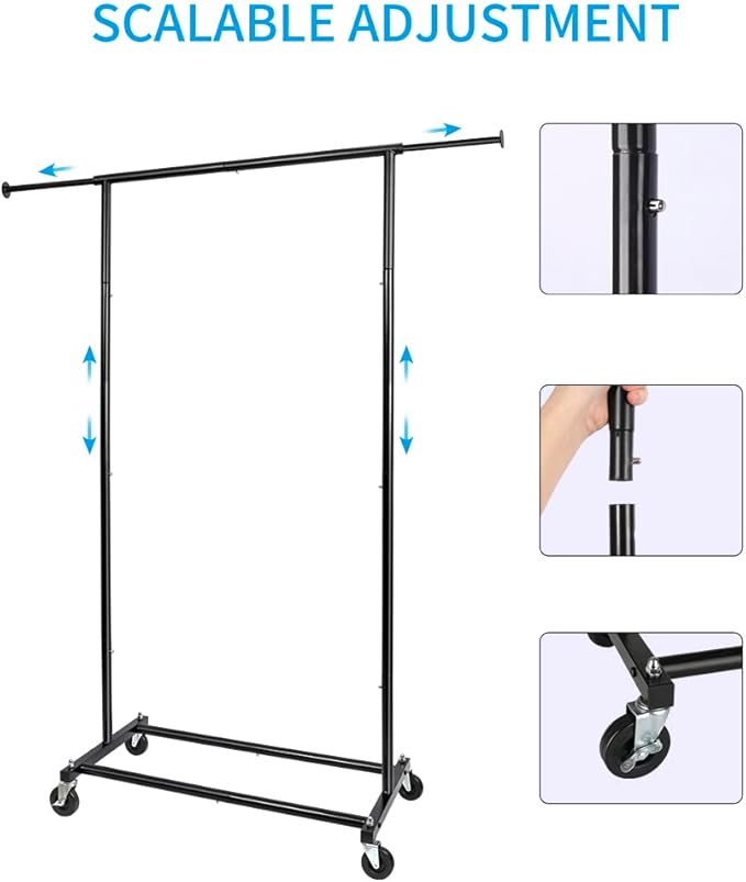 Fishat 59" H Simple Portable Standard Black Rolling Clothes Rack for Drying, Metal Freestanding Hanging Clothes Organizer with Lockable Wheels for Mobile