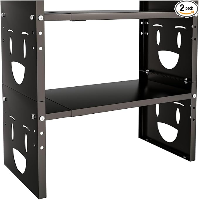 Fun-Face Expandable Cabinet Shelf Organizer,Adjustable Height & Width, Stackable Metal Storage Rack,Kitchen Spice Rack, Pantry Shelf, Countertops (2, Black)