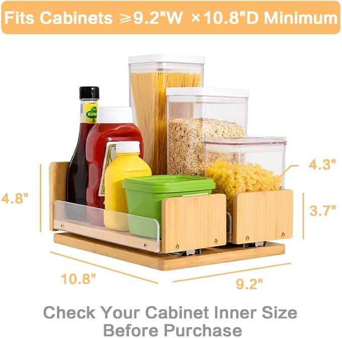 Bamboo Pull Out Spice Rack Organizer for Cabinet, 9"W x 10.6"D x 4.8"H Low Profile Pantry Vertical Organization with 2 Slide Out Drawers(4.3"w), Kitchen Storage for Spice Jars & Pantry Essentials