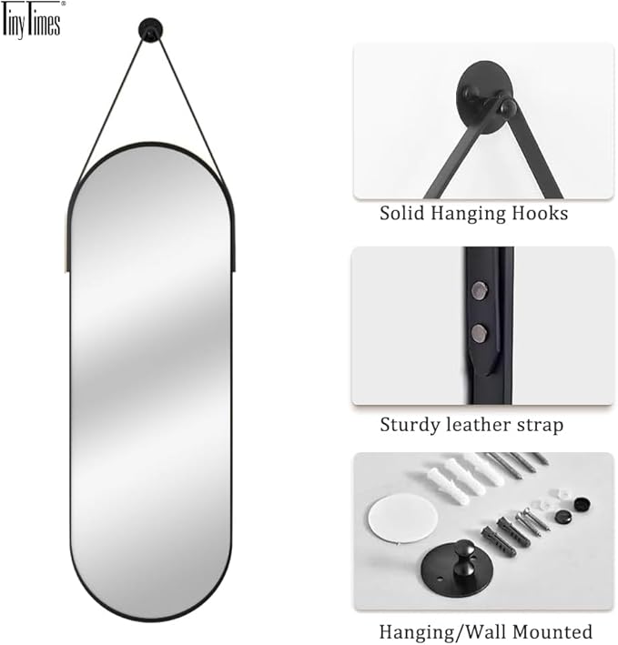 48"x16" Hanging Mirror Full Length with Leather Strap,Oval Full Length Mirror Wall-Mounted Hanging Mirrors for Bathroom Vanity Living Room Bedroom Entryway Décor, Black