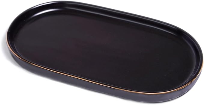 Ceramic Jewelry Dish, Perfume Vanity Tray, 7x4 Decorative Catch All Bowl for Trinket Key Ring, Small Bathroom Counter Tray, Soap Tray for Kitchen Sink (Black)