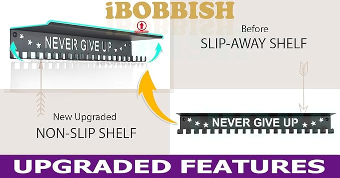 iBobbish Metal Medal Hanger Display,Non-Slip Trophy Shelf with 20 Hooks,Wall Mount,Heavy Duty,Non-Bent,Holds 22-33lbs,for Gymnastics,Race,Soccer,Swim