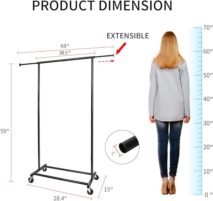 Fishat 59" H Simple Portable Standard Black Rolling Clothes Rack for Drying, Metal Freestanding Hanging Clothes Organizer with Lockable Wheels for Mobile