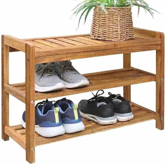 27-Inch Wooden Shoe Bench for Entryway, 3-Tier Storage Organizer, Rustic Shoe Rack Bench for Narrow Spaces