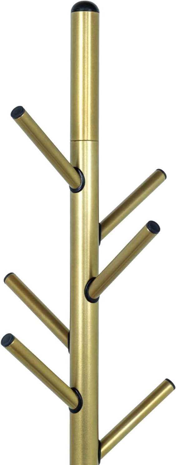 MyGift Freestanding Coat Rack, Modern Brass Tone Metal Hat Organizer Tree and Umbrella Holder Stand with 6 Hanger Hooks for Hanging Clothes Purse Bag Jacket