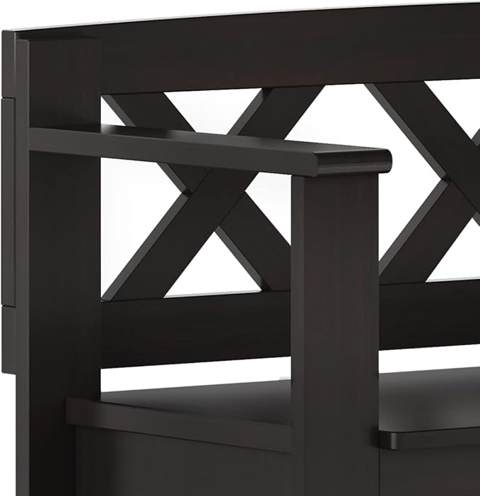 SIMPLIHOME Amherst Entryway Storage Bench - 36 inch Wide Solid Wood Hallway Bench in Hickory Brown, Transitional Bench for Entry or Mudroom with Lift-Up Lid, Storage Compartments and X-Back Detail