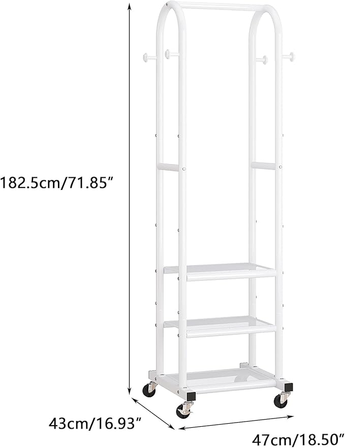 Dttwacoyh Narrow Hall Tree for Small Spaces,Space-Saving Solution for Tall Free Standing Metal Garment Rack with Shelves，Hook and Wheels for Entryway, Mud Room, Laundry Room,Bedroom- White