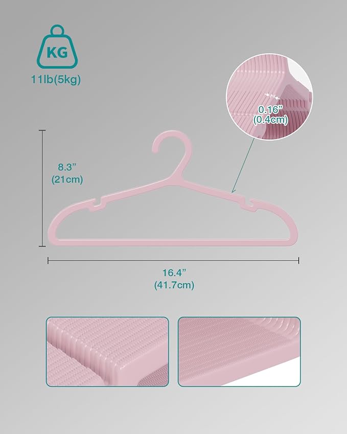 ABHENG 100 Pack Clothes Hangers, Non Slip Plastic Coat Hangers, Space Saving, Heavy Duty, Hanging Dry Wet Clothes, 16.4" x 8.3", Light Pink, UAPY05100P