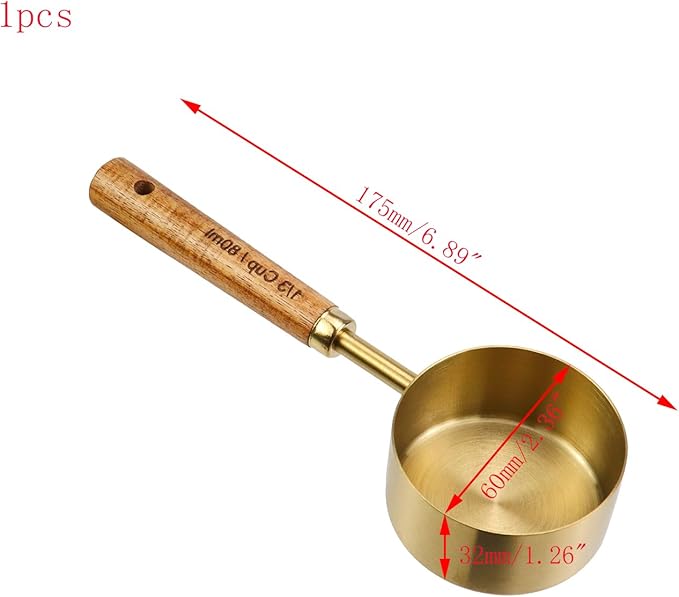 1/3 Cup Measuring Cup with Wooden Handle, 80ml Stainless Steel Measuring Scoop 1/3 Cup Measuring Cups for Baking Cooking Wet and Dry Ingredients (80ml)