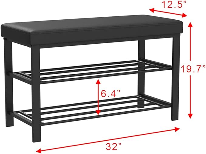 Finnhomy Entryway Shoe Rack with Cushioned Seat, Shoe Bench for Entry, 2 Shelves Storage Bench w/Faux Leather Top Bed Bench, Black