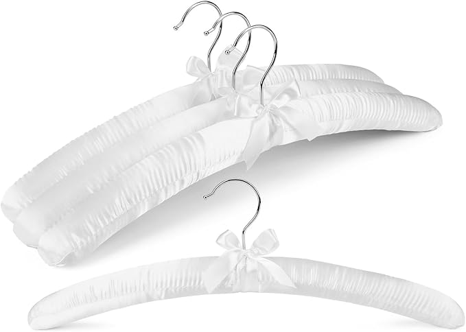 HOUSE DAY 17 Inch Satin Padded Hangers for Women, 4 Pack Heavy Duty Silk Hangers with Swivel Hooks, No Shoulder Bump Thick Foam Hangers for Sweater, Wedding Dress, Coat & Delicate Cashmere - White