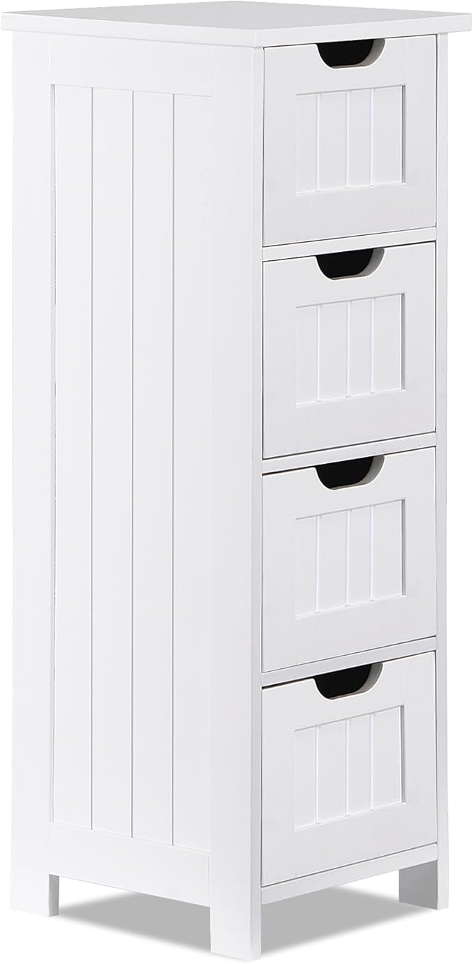 Bathroom Floor Storage Cabinet, Freestanding Wooden Side Organizer w/4 Drawers & Anti-Tip Kit for Bathroom Living Room Hallway Office Study, White