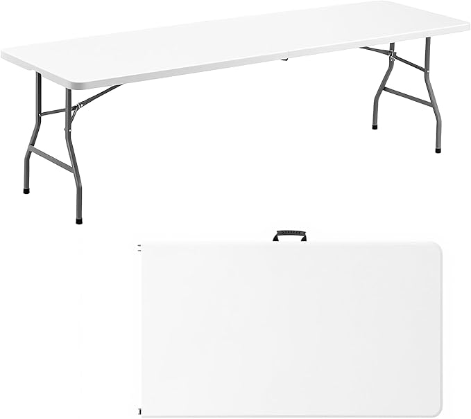 Folding Table 8FT Portable Heavy Duty Plastic Table with Carrying Handle Fold-in-Half Utility Foldable Tables for Parties Wedding Events Dining Indoor Outdoor Picnic (White)