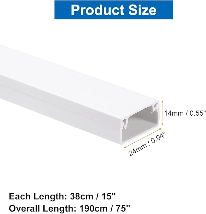HARFINGTON 5pcs Cord Hider Wall 15inx0.94inx0.55in (LxWxH) PVC Cable Cover Self Adhesive Wire Hider Wall Mounted TV Cable Raceway for Cables Management (75in Total Length),White