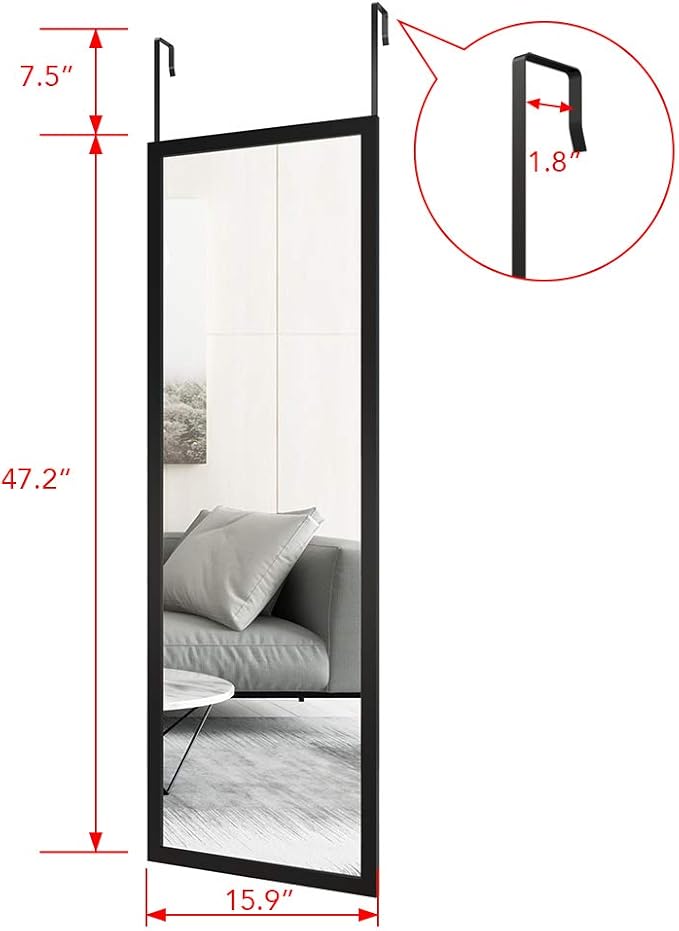 whitebeach Full Body Length Door Hanging Wall Mounted Mirror with 2 Metal Hangers for Bedroom Living Room Bathroom(Black, 48 * 16")