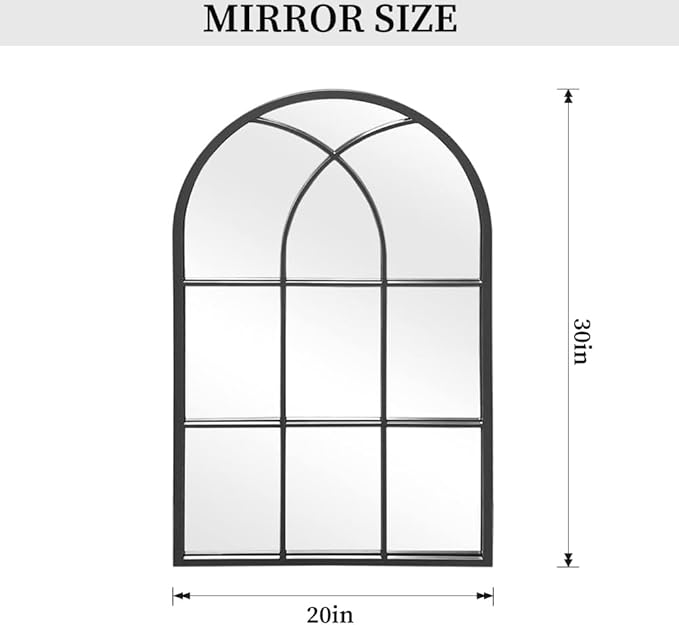 Dewfig Arched Window Wall Mirror, 30"x20" Window Pane Mirrors, Vanity Mirrors for Bathroom, Bedroom, Entryway, Living Room, Farmhouse Mirrors for Wall Decor, Metal Frame, Black