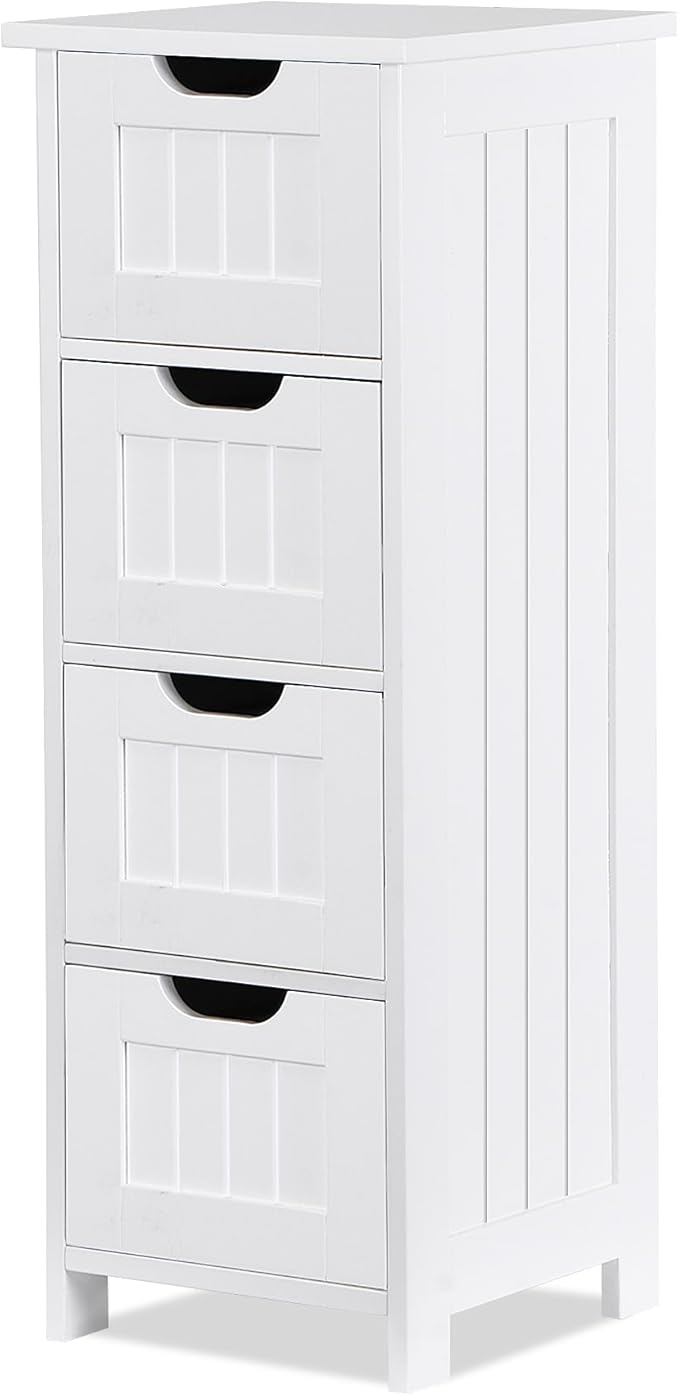Bathroom Floor Storage Cabinet, Freestanding Wooden Side Organizer w/4 Drawers & Anti-Tip Kit for Bathroom Living Room Hallway Office Study, White