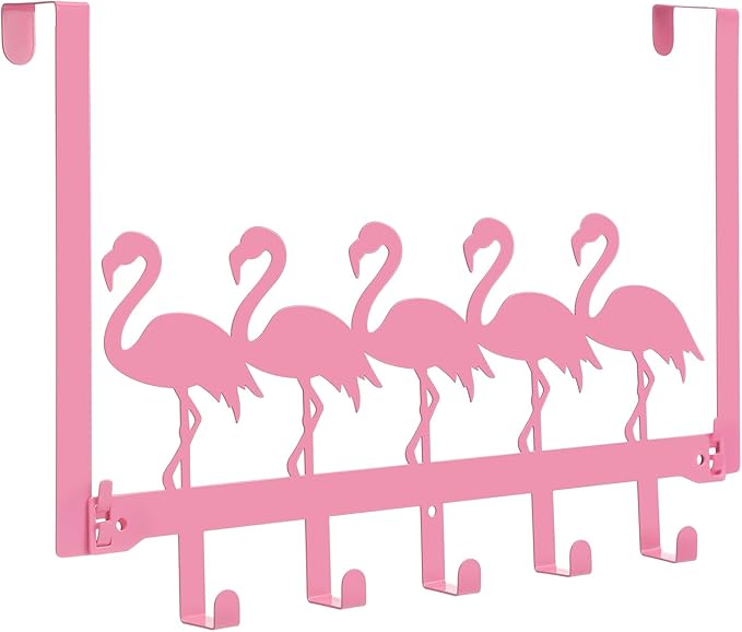 AceOrbit Pink Flamingos Over the Door Hooks Hanger Wall Mount Towel Hanger Door Holder Organizer 5 Hooks Farmhouse Rustic Kawaii Decor for Bedroom Bathroom Towel Hat Clothes
