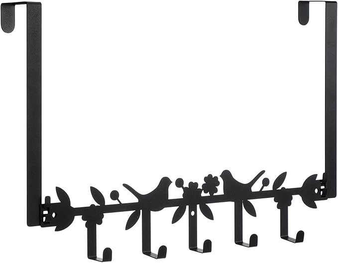 AceOrbit Birds in a Tree Over The Door Hooks Black Metal Wall Mount Towel Hanger Farmhouse Rustic Door Holder Rack with 5 Hooks for Bedroom Bathroom Hanging Towel, Coat, Keys, Bags, Hats, Clothes
