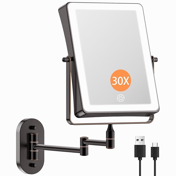 FASCINATE 5000mAh Rechargeable Wall Mounted Makeup Mirror, 8.7" Double Sided Touch Switch 1X 30X Rectangle Wall Mounted Magnifying Mirror with Light, 3 Color Setting, Extended Arm 360° Foldable Bronze