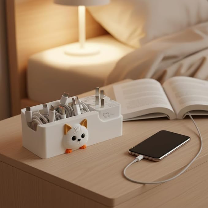 Cable Management Box, Cat Pattern Cord Organizer for Desk, Small Storage Box for Cables, Chargers, Adapters, Power Strip, Nightstand Organizer (White, 6.2 x 3.3 x 2.2 Inch)