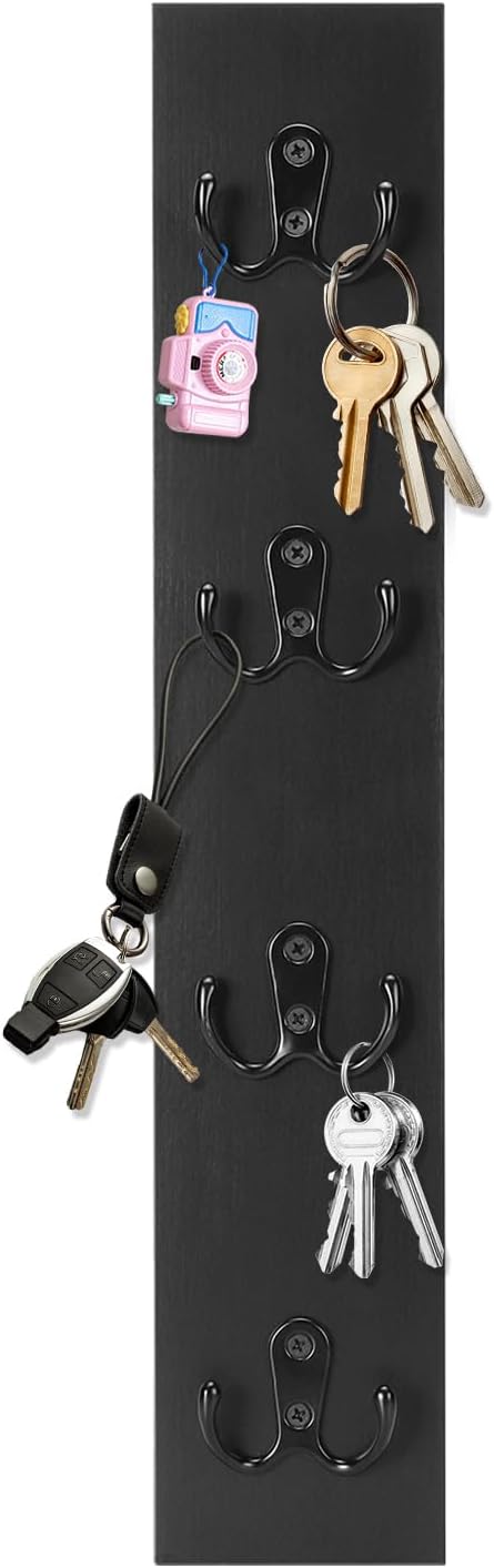 UCEC Vertical Key Holder Wall Mount – Solid Wood Key Rack with Hooks, Space-Saving Organizer for Entryway, Garage & RV – Easy Install, Wall Hooks for Hanging, Black